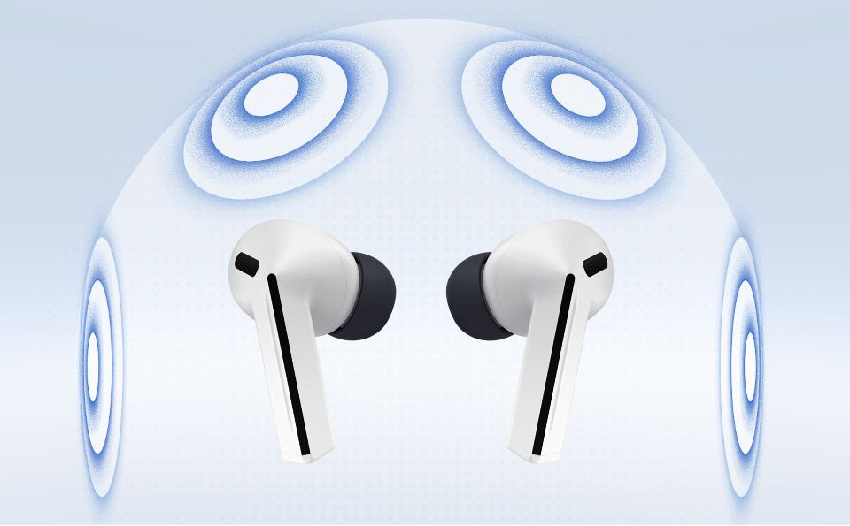 Słuchawki bezprzewodowe Samsung Galaxy Buds3 FE szare grafika przedstawia możliwości funkcji 360 Audio